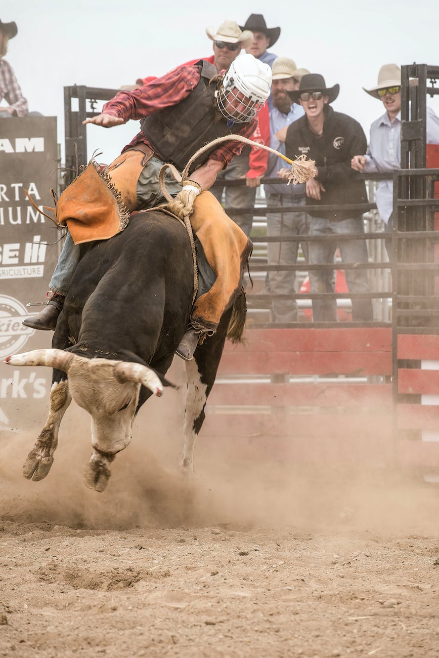 cowboy riding a bull during a rodeo event